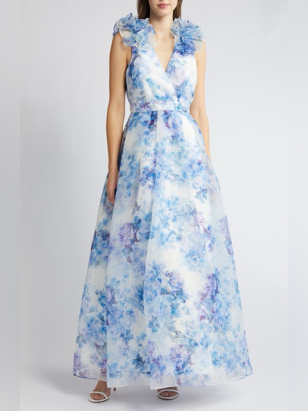New Julia Jordan Wms Blue Floral Sheer Lined Ruffle Full Formal Maxi Dress‎ 8